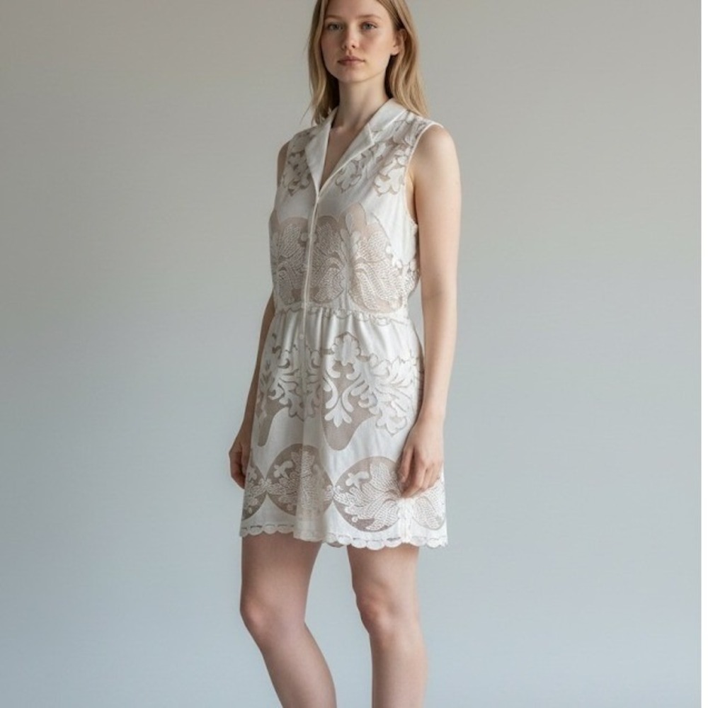 Greylin White Lace‎ Sleeveless Button Front Mini Dress Tan Lining Womens Large